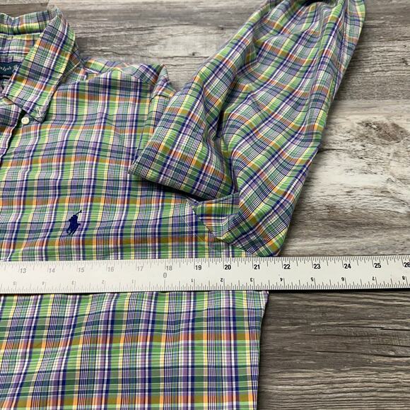 Vintage 90s Ralph Lauren Madras Purple Men M Custom Fit Preppy Button Up Shirt - Picture 6 of 9